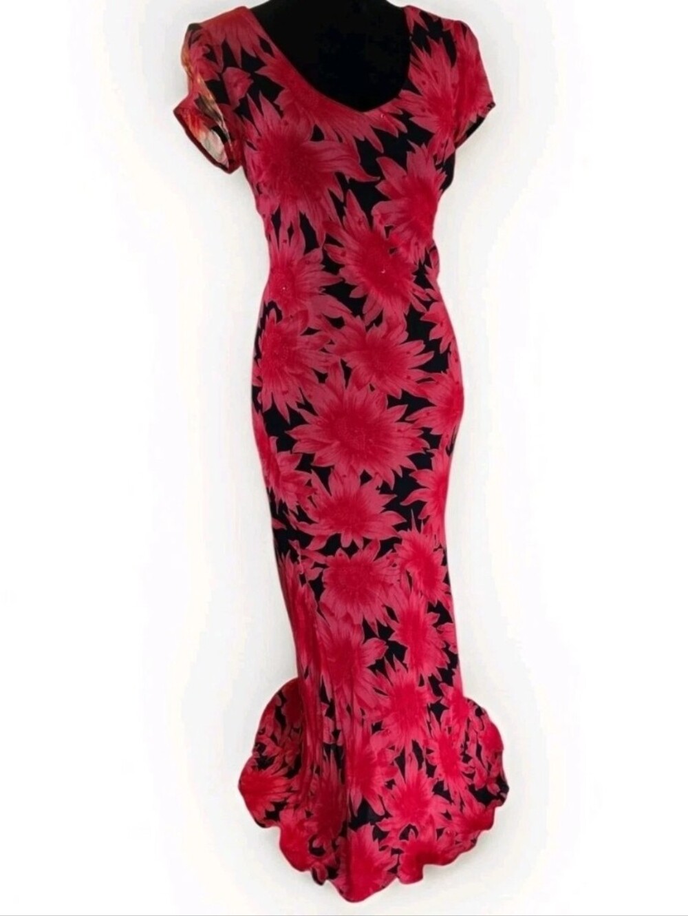 ​Vintage Paradise NY Maxi Dress Small Red Floral Print Beaded Cap Sleeve Formal